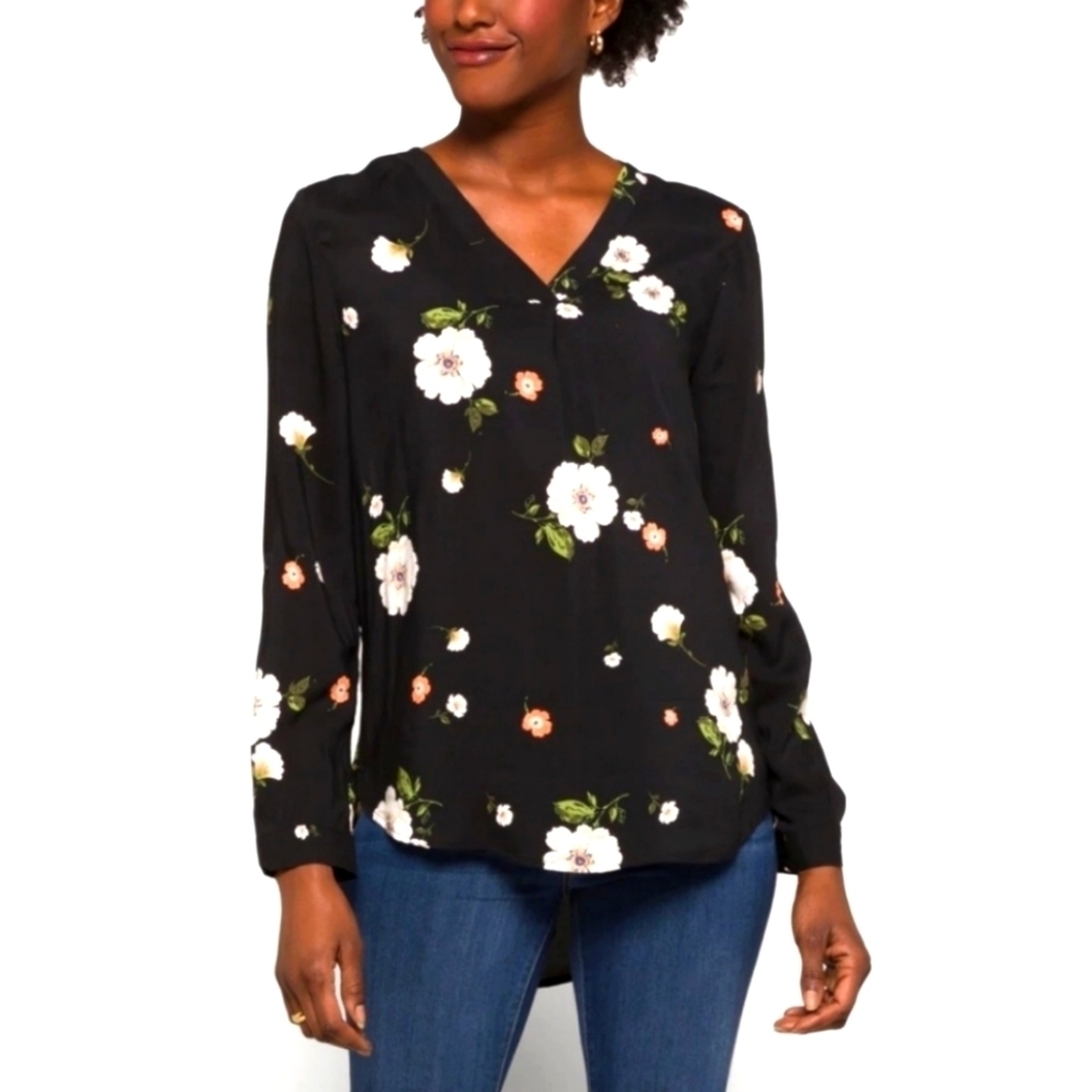 Brina & Em Black Floral Shirt, Small - work, fall, summer, print, top